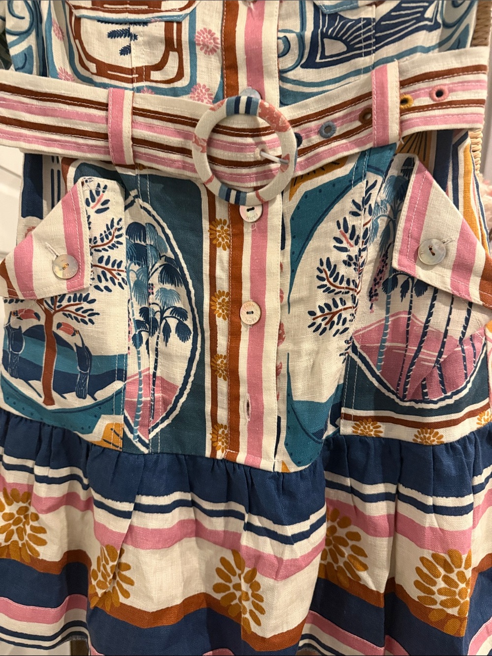 FARM Rio Multicolor Printed Shirt Dress with Belt - Blue, Pink, Mustard, Cream - Picture 3 of 5